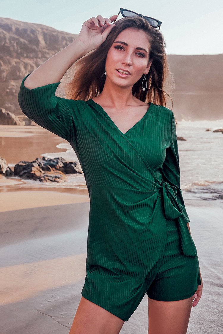 Happy Hour Deep V-Neckline Open Back Romper Green