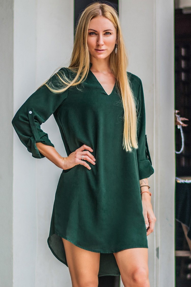 1210041 Green V-Neck Shift Dress