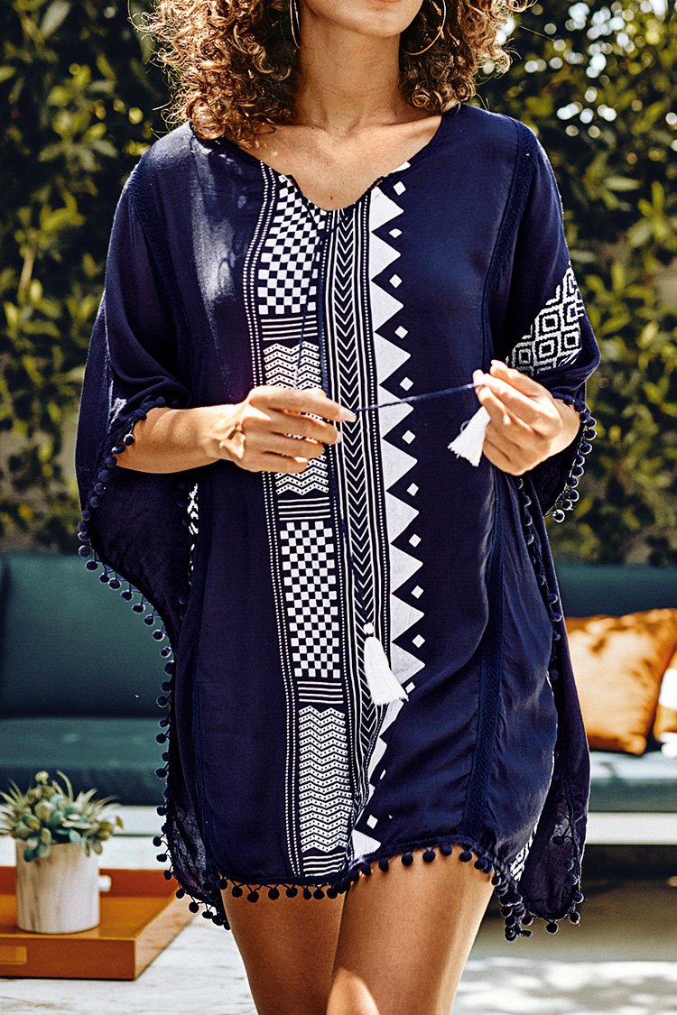 Geometric Print Cover Up with PomPom Trim