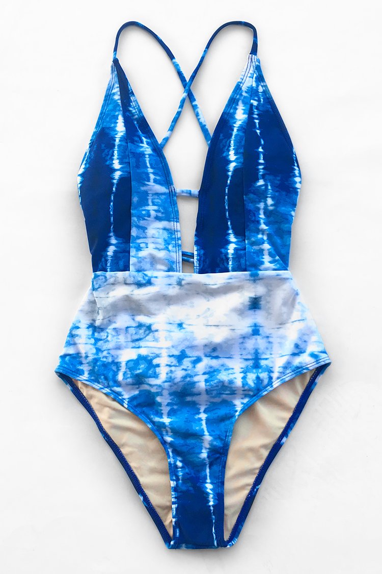 0600~Tie Dye Effect One-piece Swimsuit with Contrasting Trim