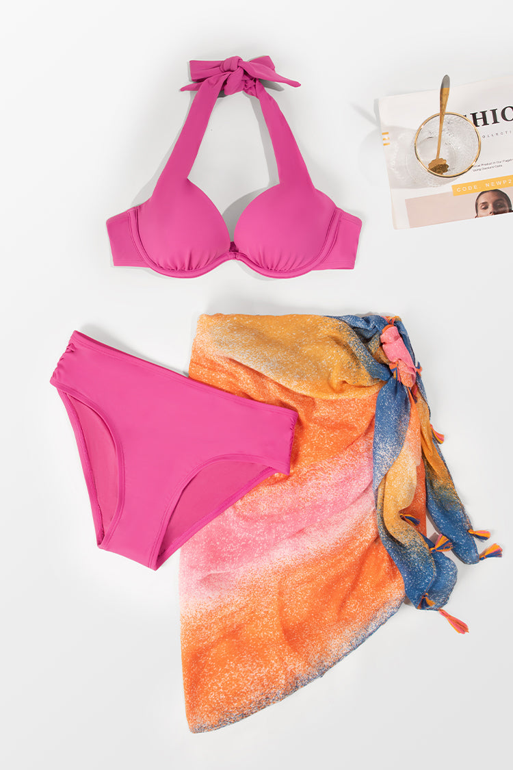 3-Piece Ruffled Bikini Set with Sarong – Halter Swimsuit for Women