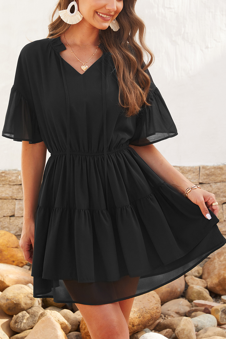 ruched tie neck mini dress
