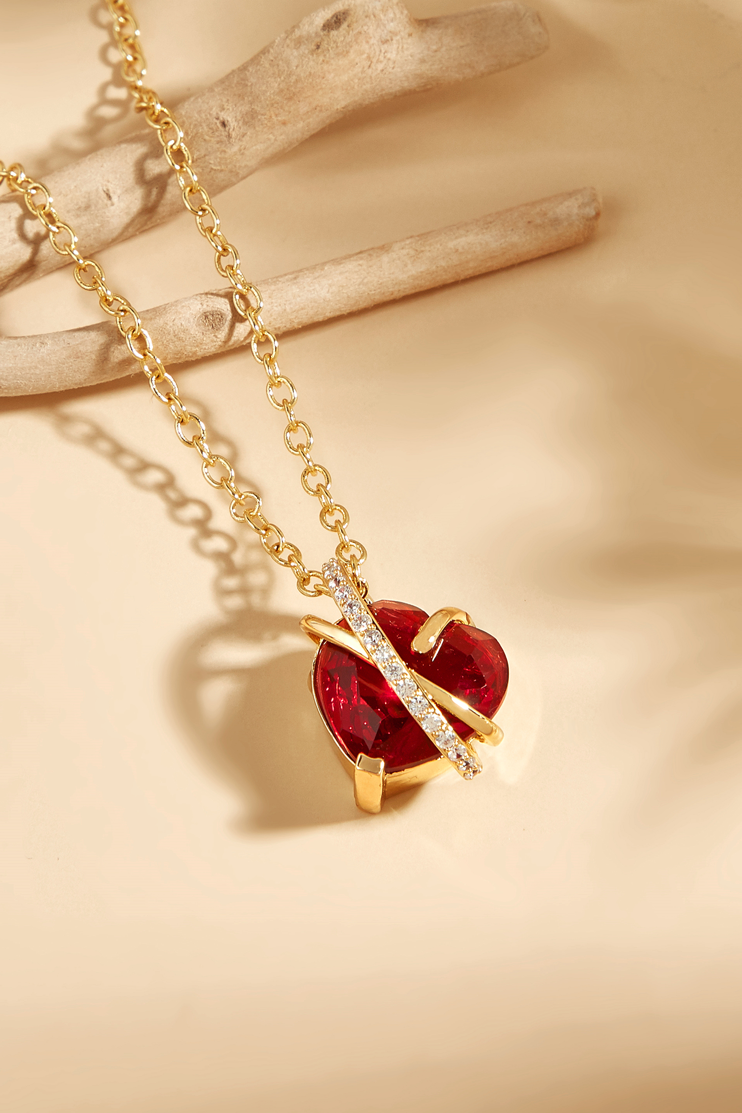 Goldtone Clear Crystal & Faux Ruby Heart Charm Necklace