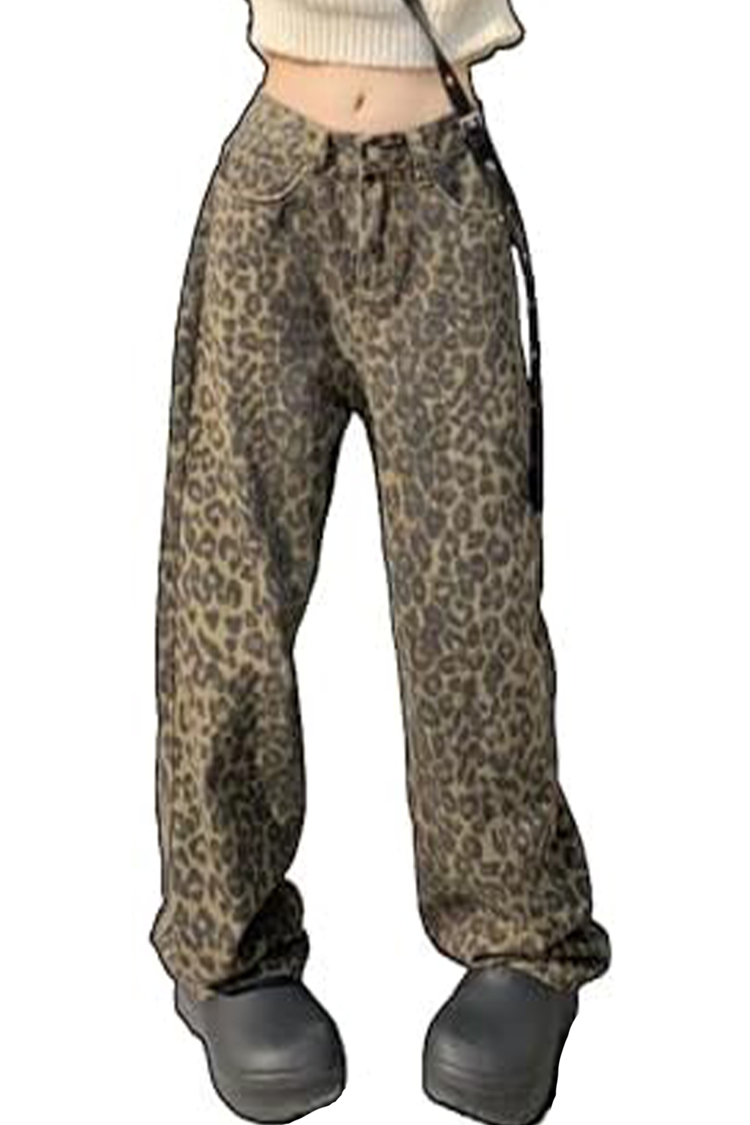 Casual Leopard Print Crew Neck Pocket Top Wide Leg Pants Set