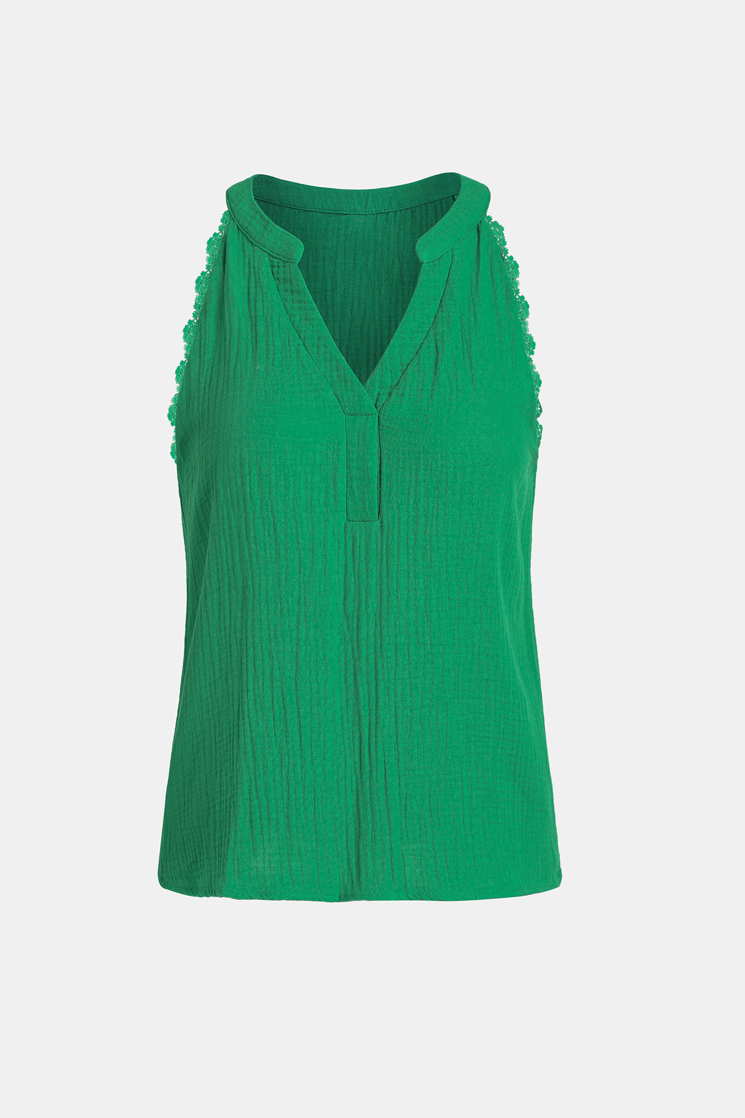Green Sleeveless VNeck Lace Trim TopCupshe UK