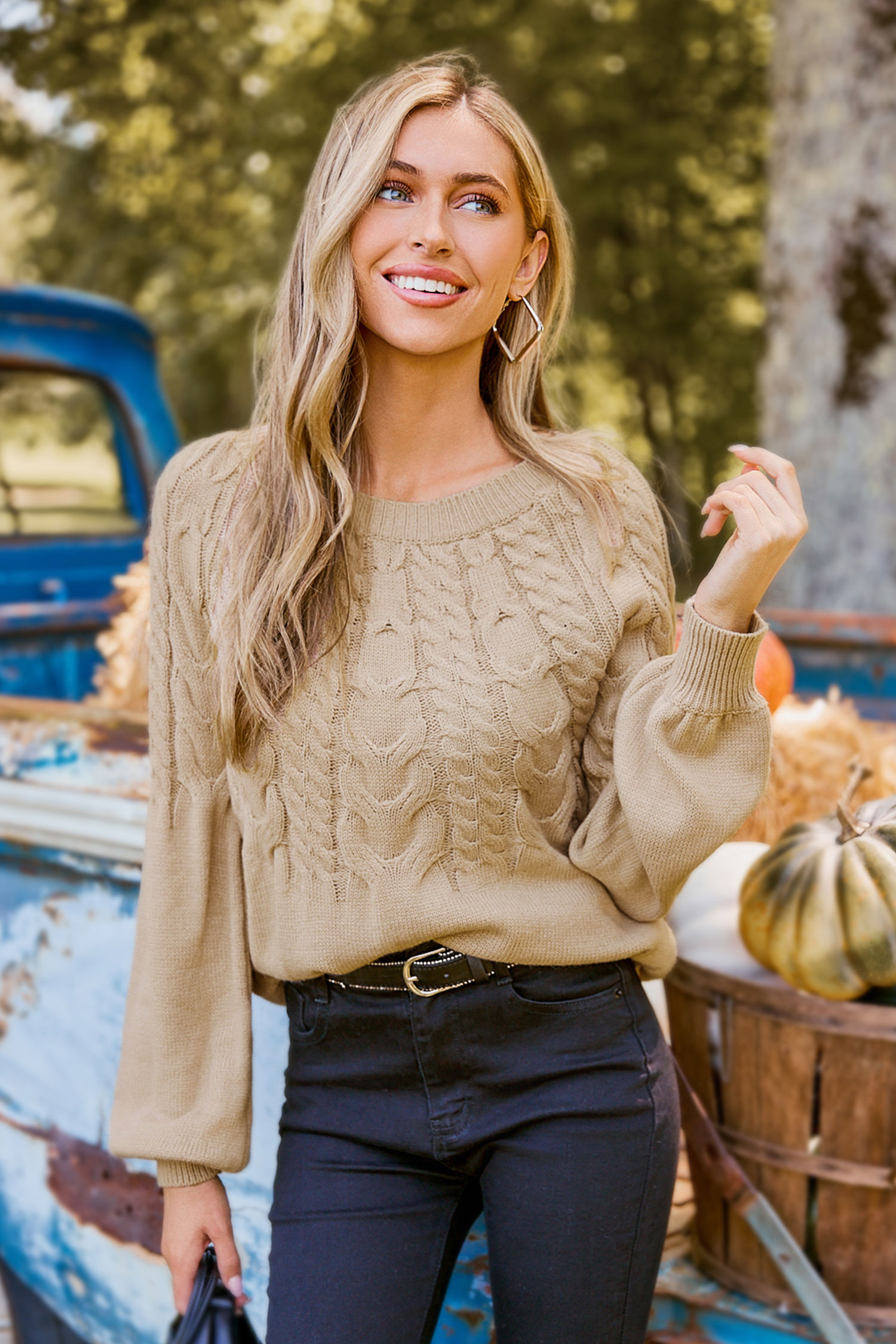 Khaki Cable Knit Blouson Sleeve JumperCupshe UK