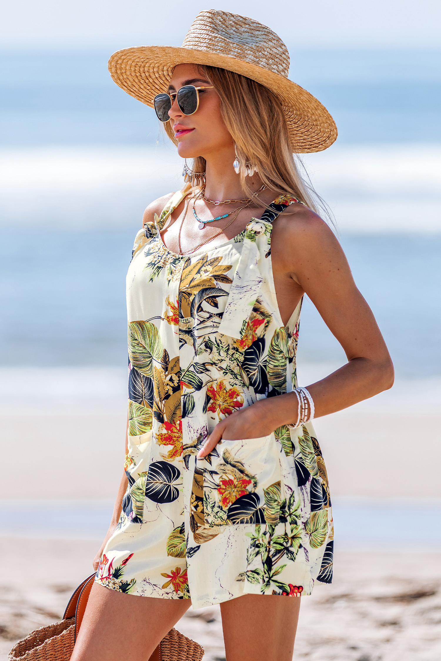 Combinaison Femme CUPSHE - Imprimé Tropical Feuilles De Palmier - Manches Courtes, Jambe Large - Avec Ceinture - 100% Rayonne