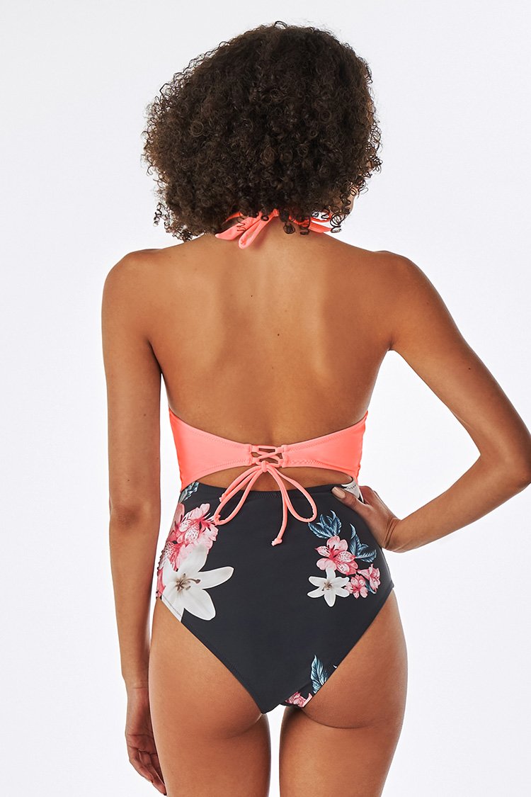 Halter Lace Up O-ring One Piece Swimsuit