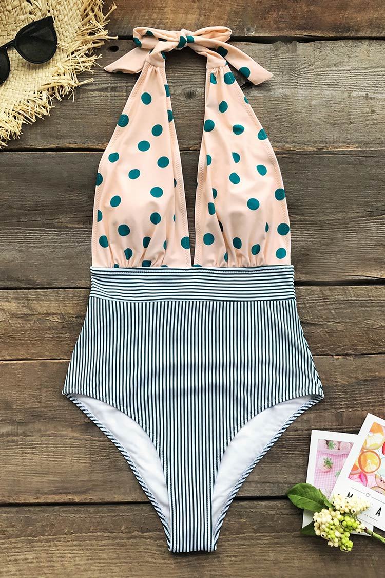 Retro Polka Dot and Stripe Halter One-Piece Swimsuit