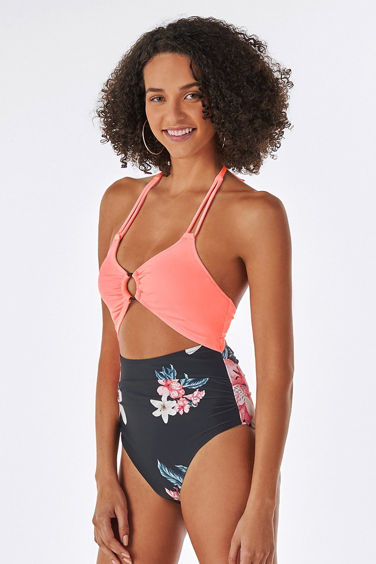 Halter Lace Up O-ring One Piece Swimsuit