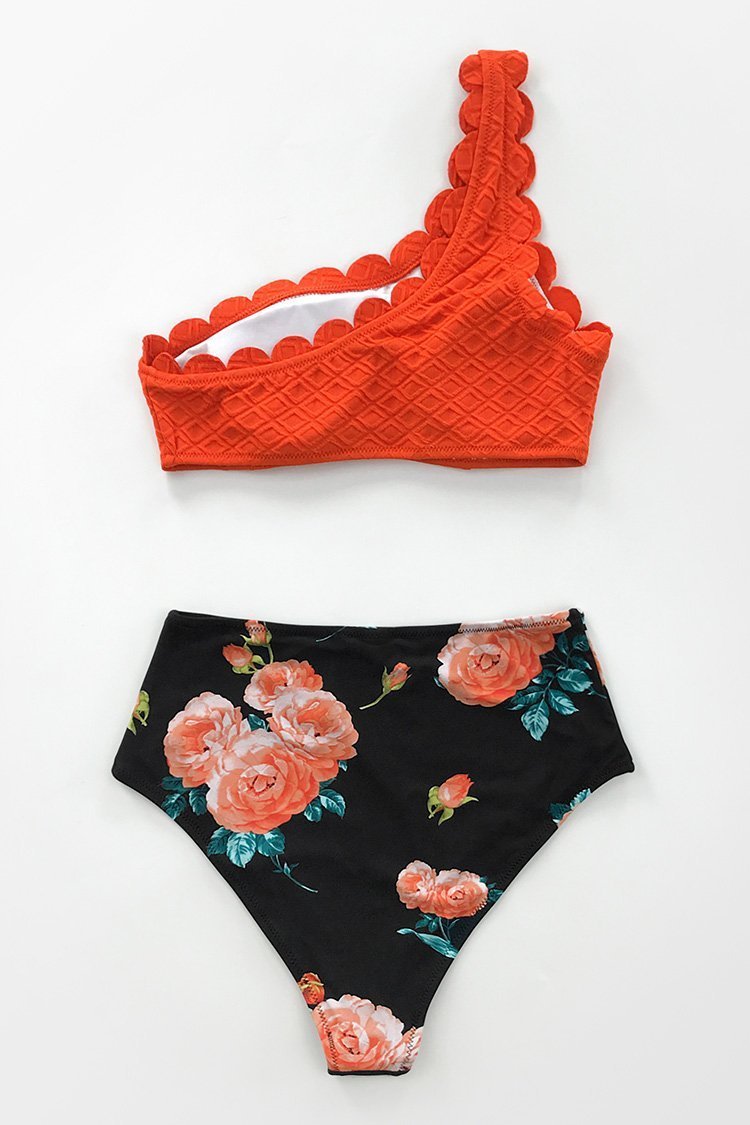 Red Scalloped One Shoulder Bikini