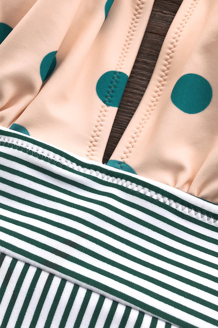 Retro Polka Dot and Stripe Halter One-Piece Swimsuit