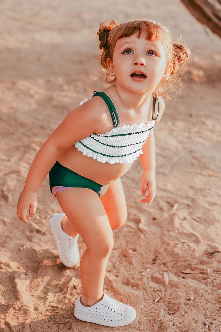 Green Striped Smocked Bikini For Toddler Girls and Girls
