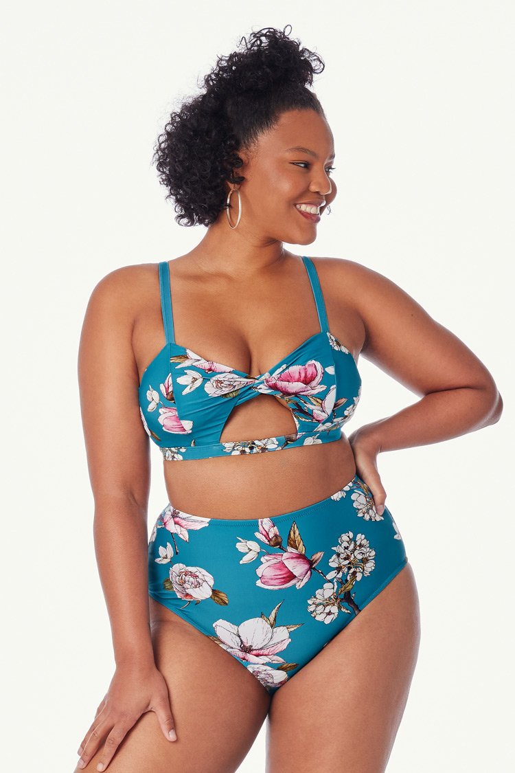 Blue Floral Cutout High Waisted Plus Size Bikini