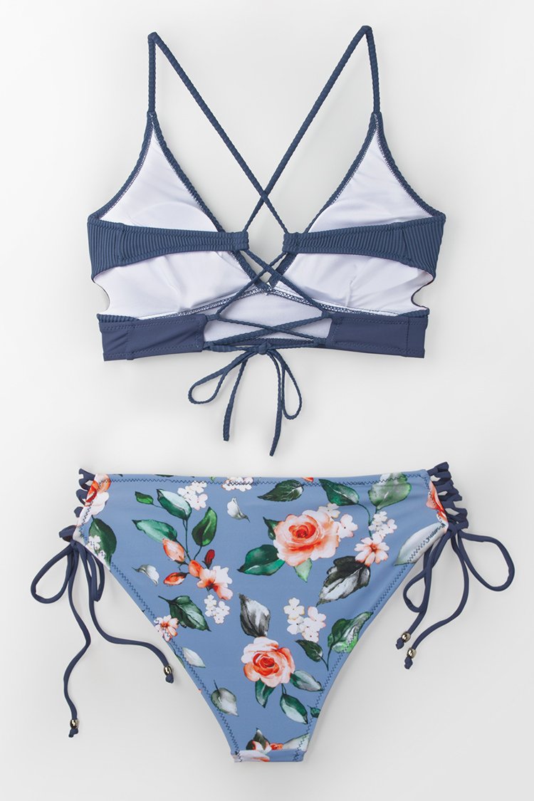Blue And Floral Lace-Up Bikini