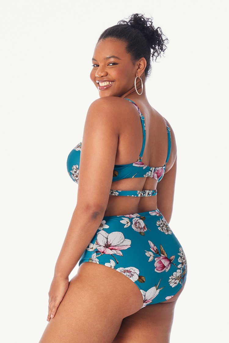 Blue Floral Cutout High Waisted Plus Size Bikini