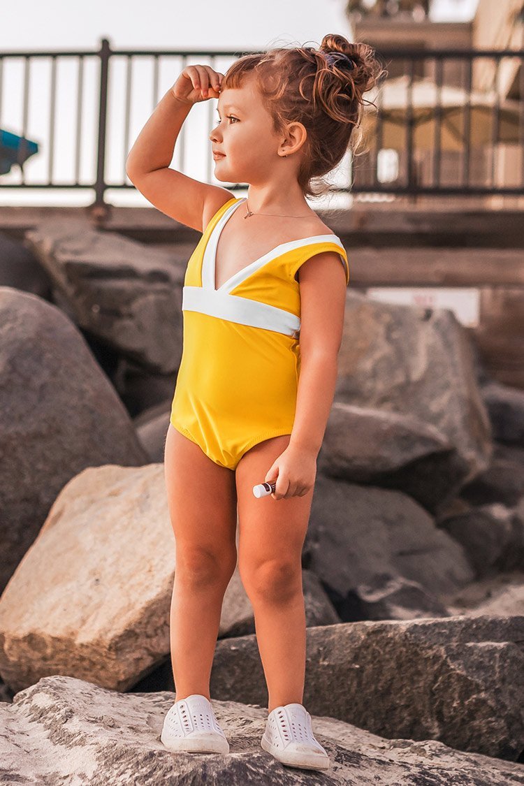 Yellow and White One Piece Swimsuit For Toddler Girls and Girls