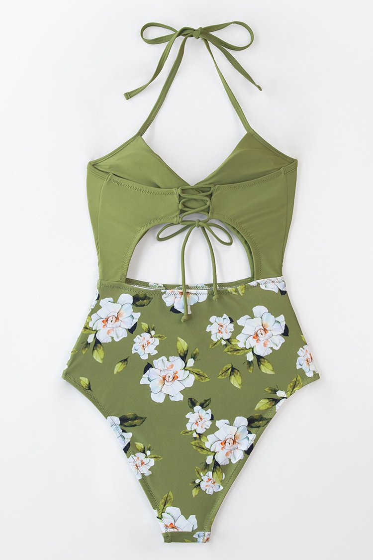 Maillot de bain une pièce à licou imprimé floral vert olive