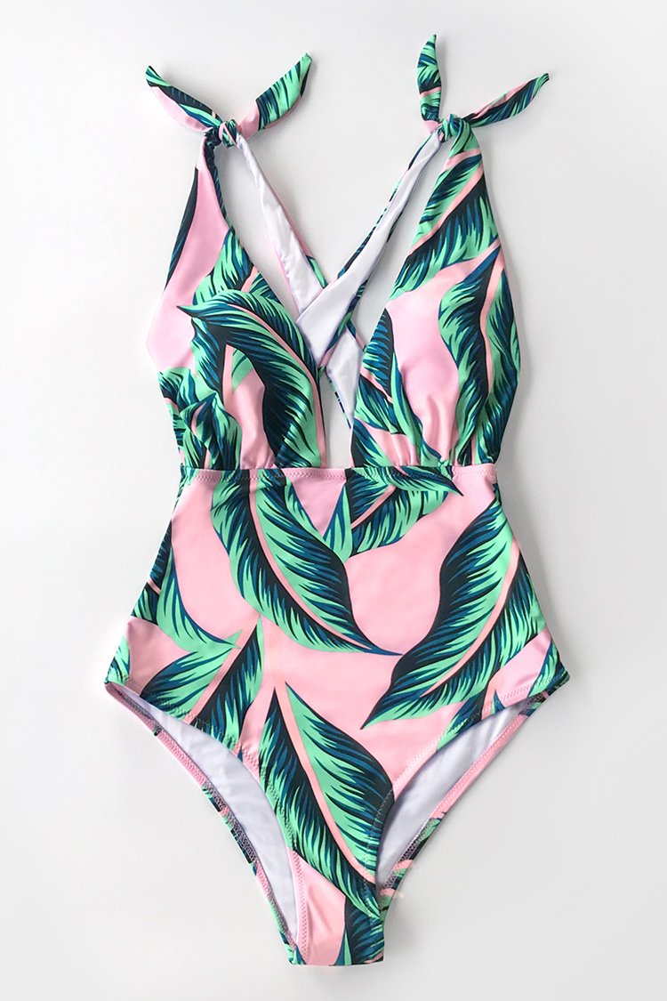 Pink Palm Print One Piece Swimsuit