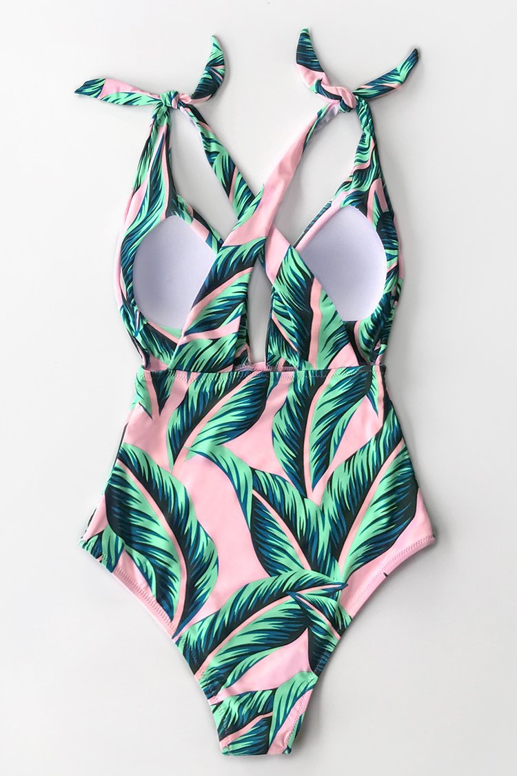 Pink Palm Print One Piece Swimsuit