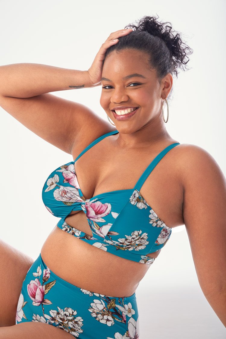 Blue Floral Cutout High Waisted Plus Size Bikini