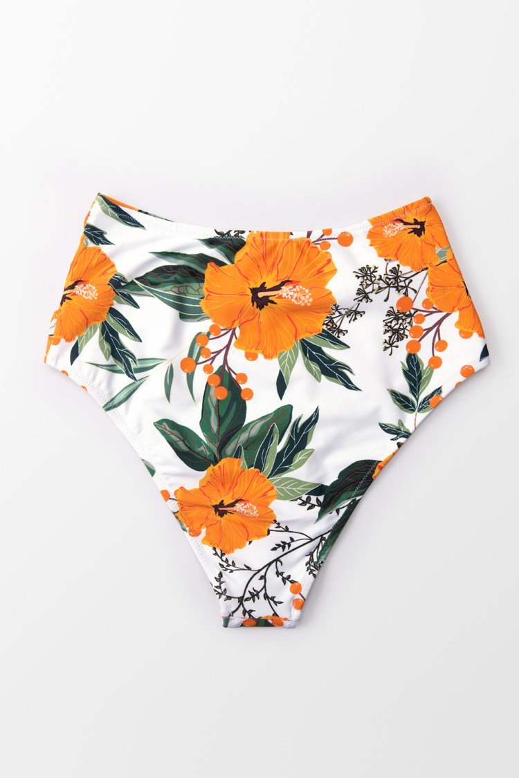 Orange Floral Shirring High Waisted Bikini Bottom