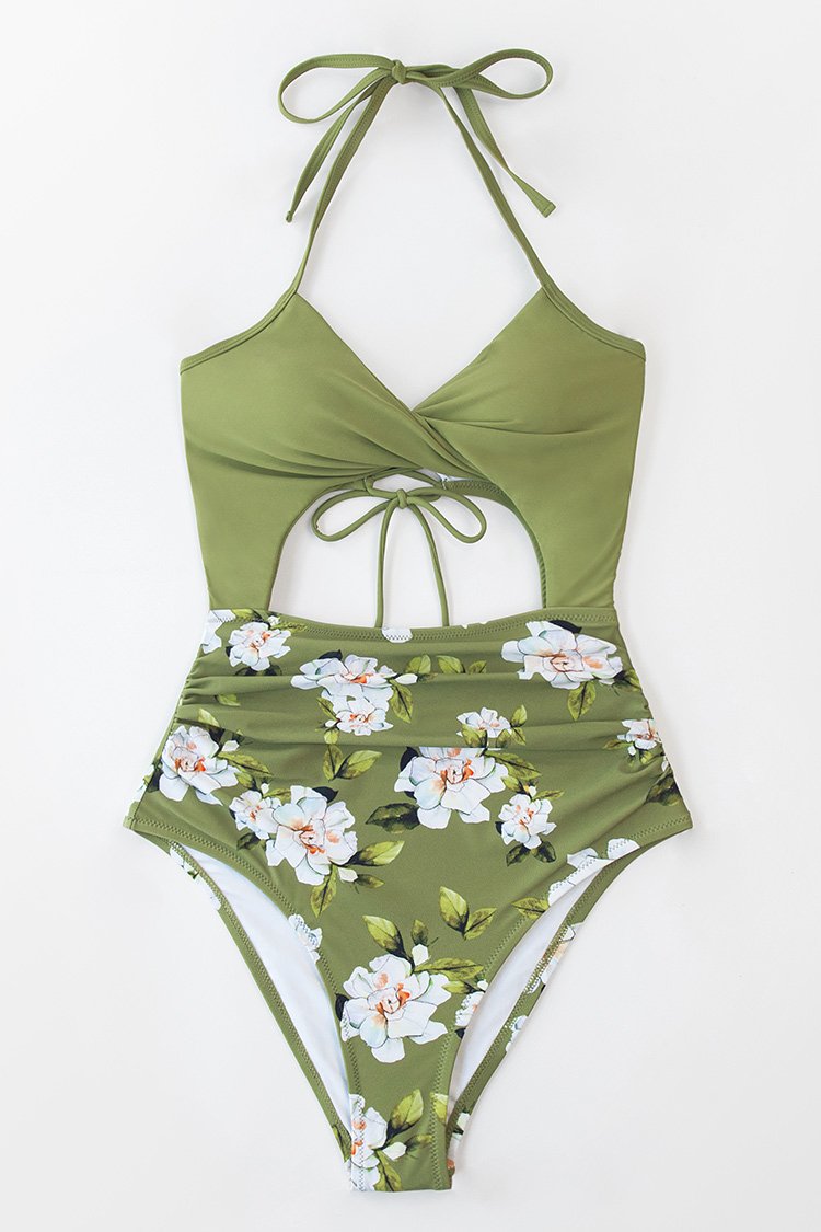 Maillot de bain une pièce à licou imprimé floral vert olive
