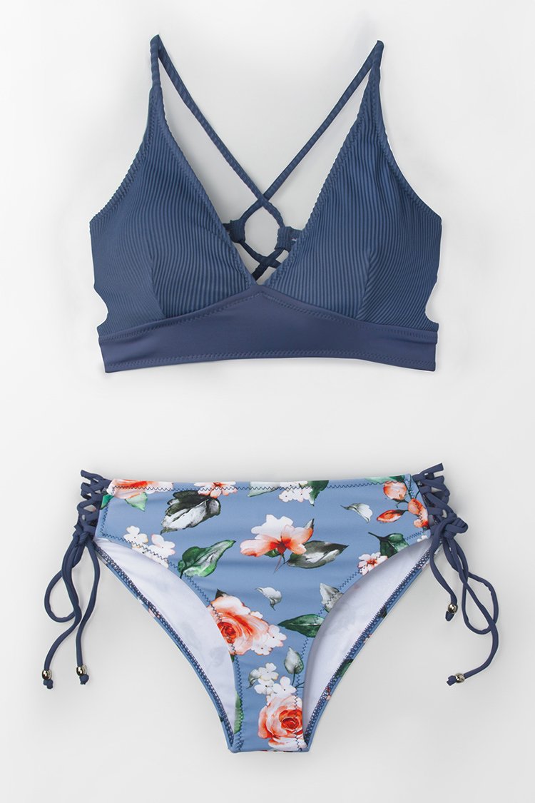 Blue And Floral Lace-Up Bikini