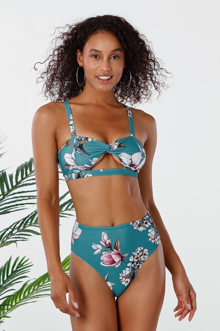 Blue Floral Twist Cutout High Waisted Bikini