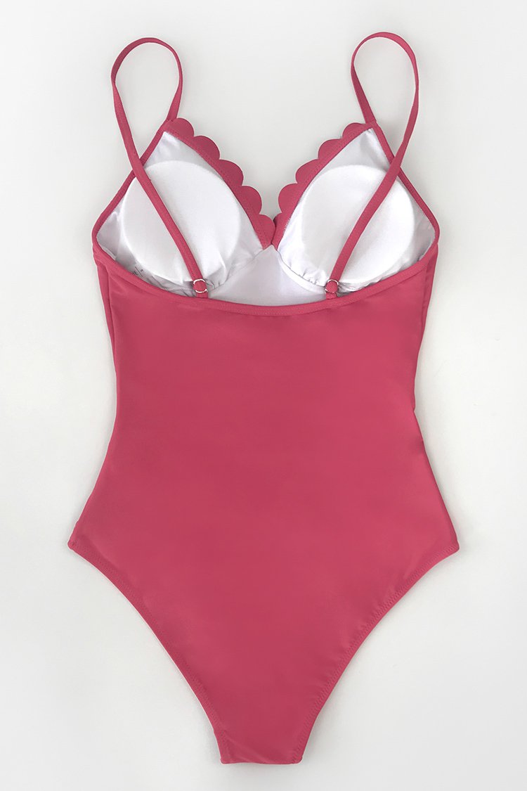 Dark Coral Scallop Trimmed Tummy Control One Piece Swimsuit
