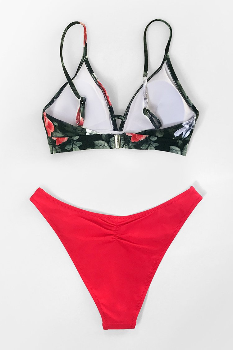Red Floral V-Neck Bikini Top
