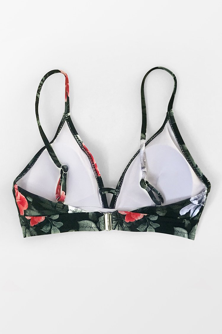 Red Floral V-Neck Bikini Top