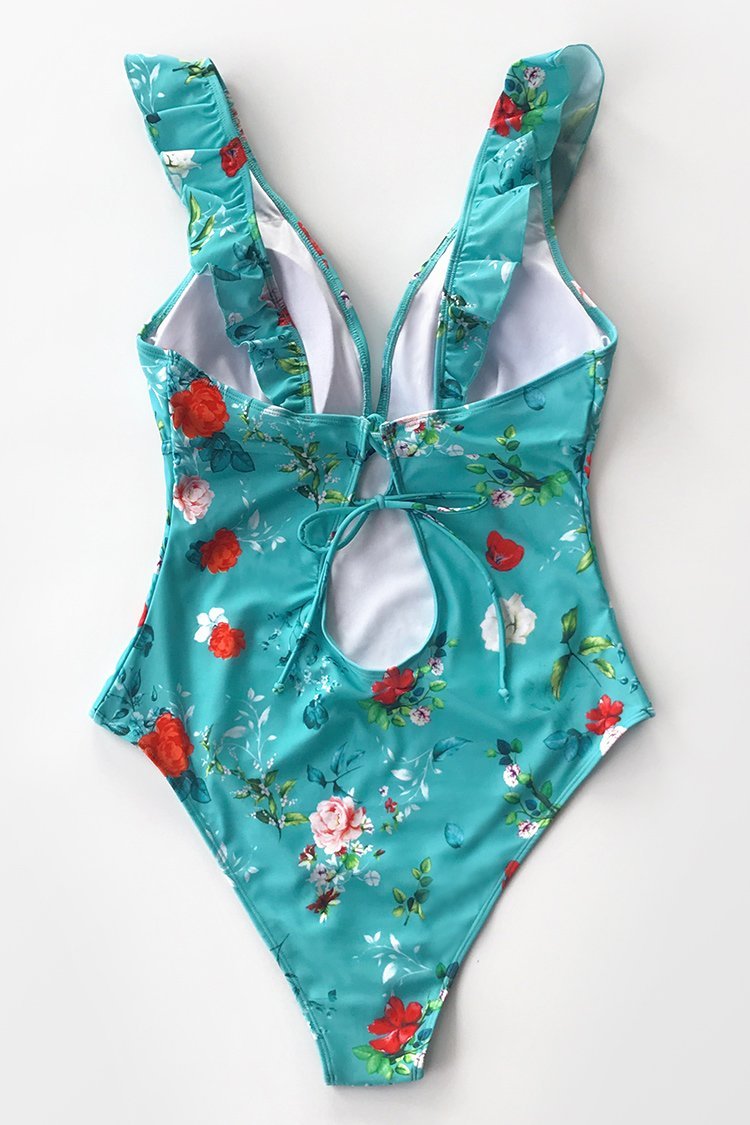 Ocean Solid Ruffled Sleeve V Neck Two Piece Swimsuit