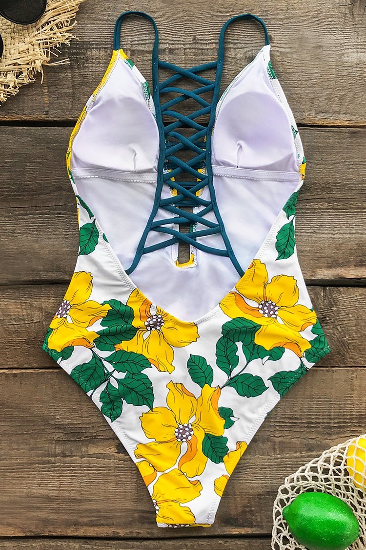 Floral Lace-Up Deep V-neck One-Piece Swimsuit