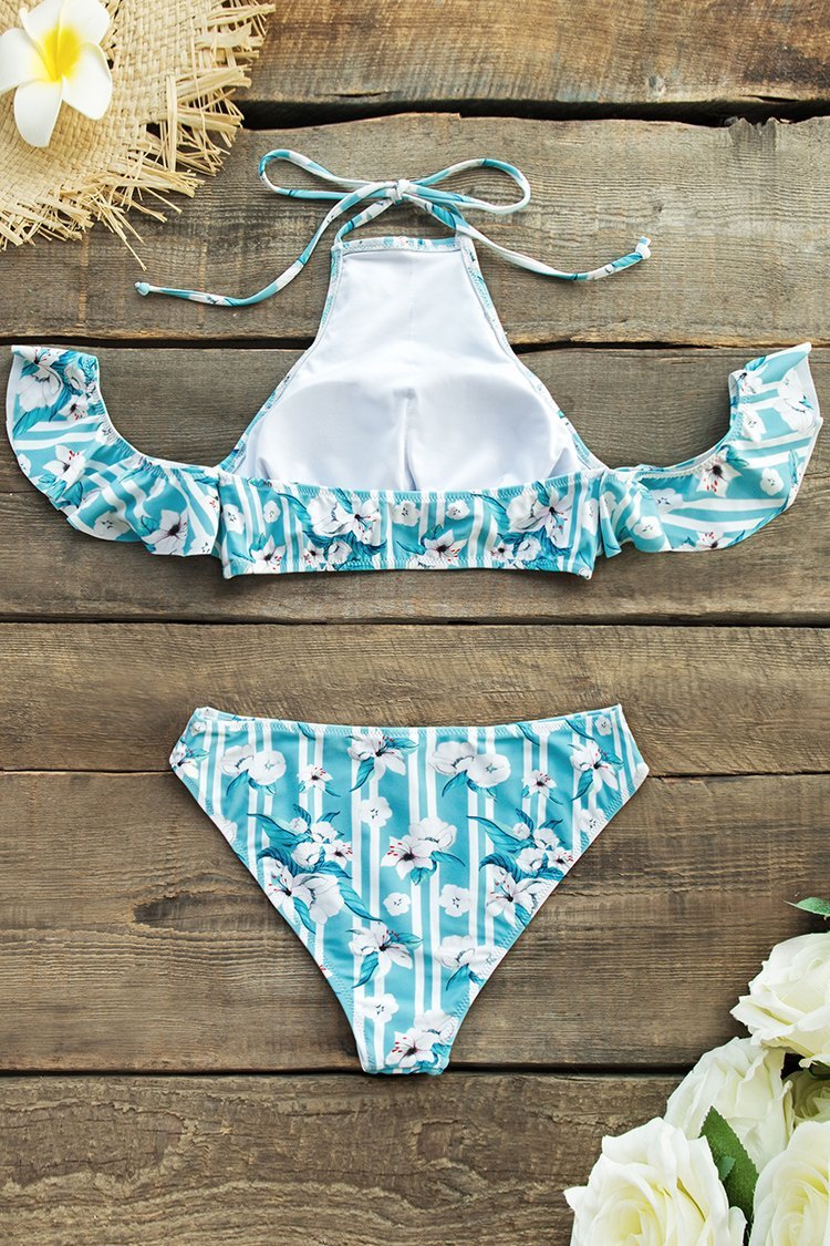 Blue and White Floral Stripe Cold Shoulder Bikini