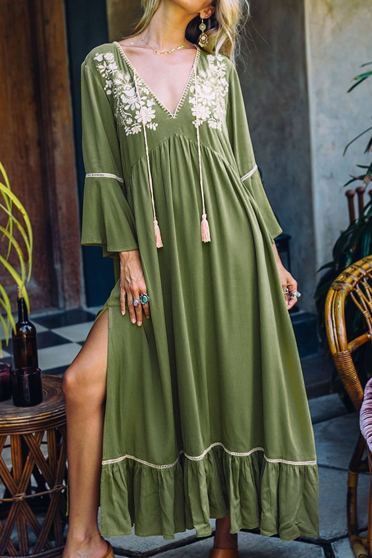 Sage Green Embroidered Midi Dress