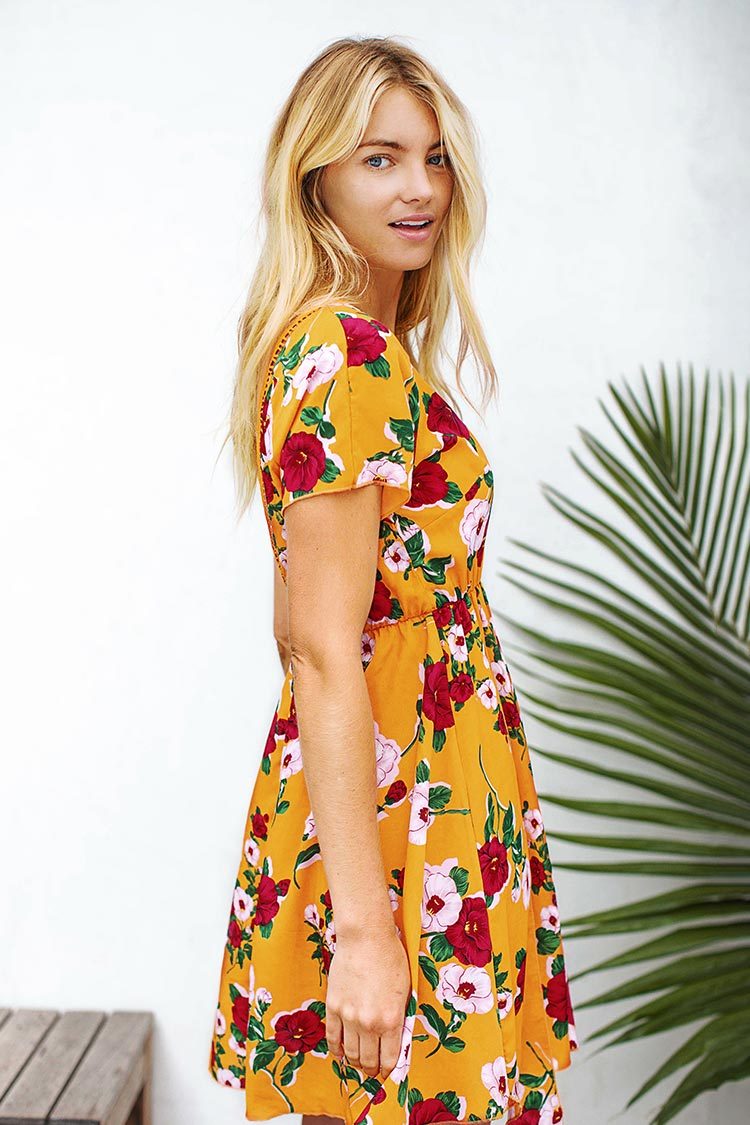 Yellow Floral Print Midi Dress