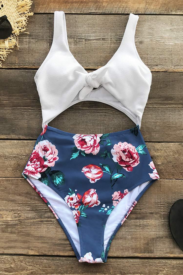 White and Floral Knotted One-Piece Swimsuit