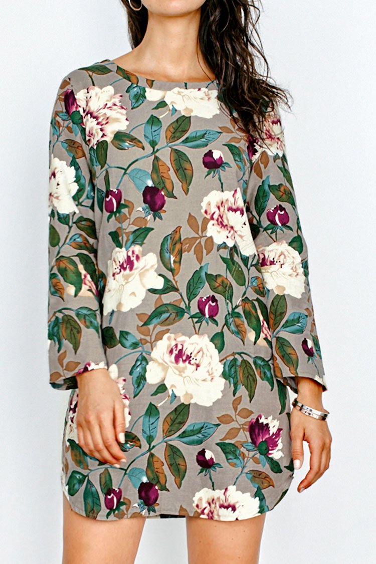Womens Casual Floral Print Long Sleeve Short Dress