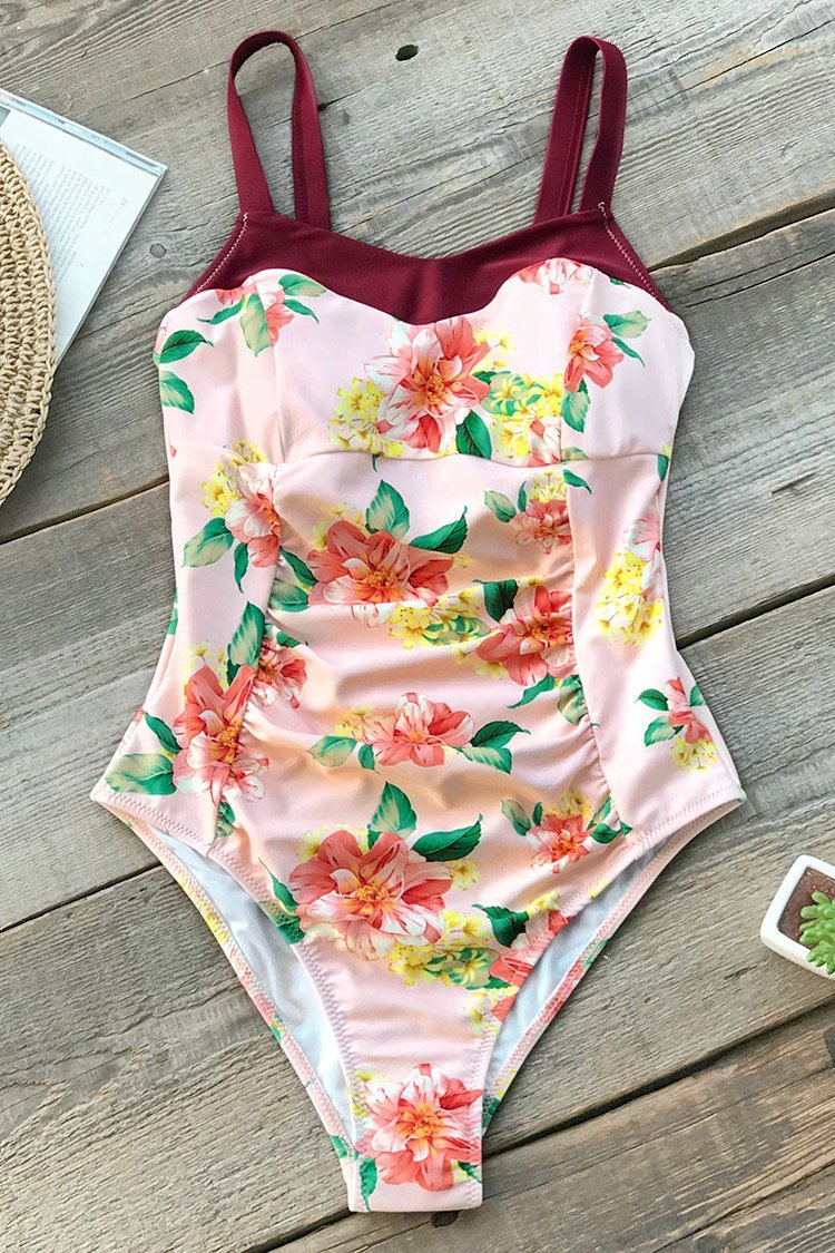Wine Red Floral One-Piece Swimsuit