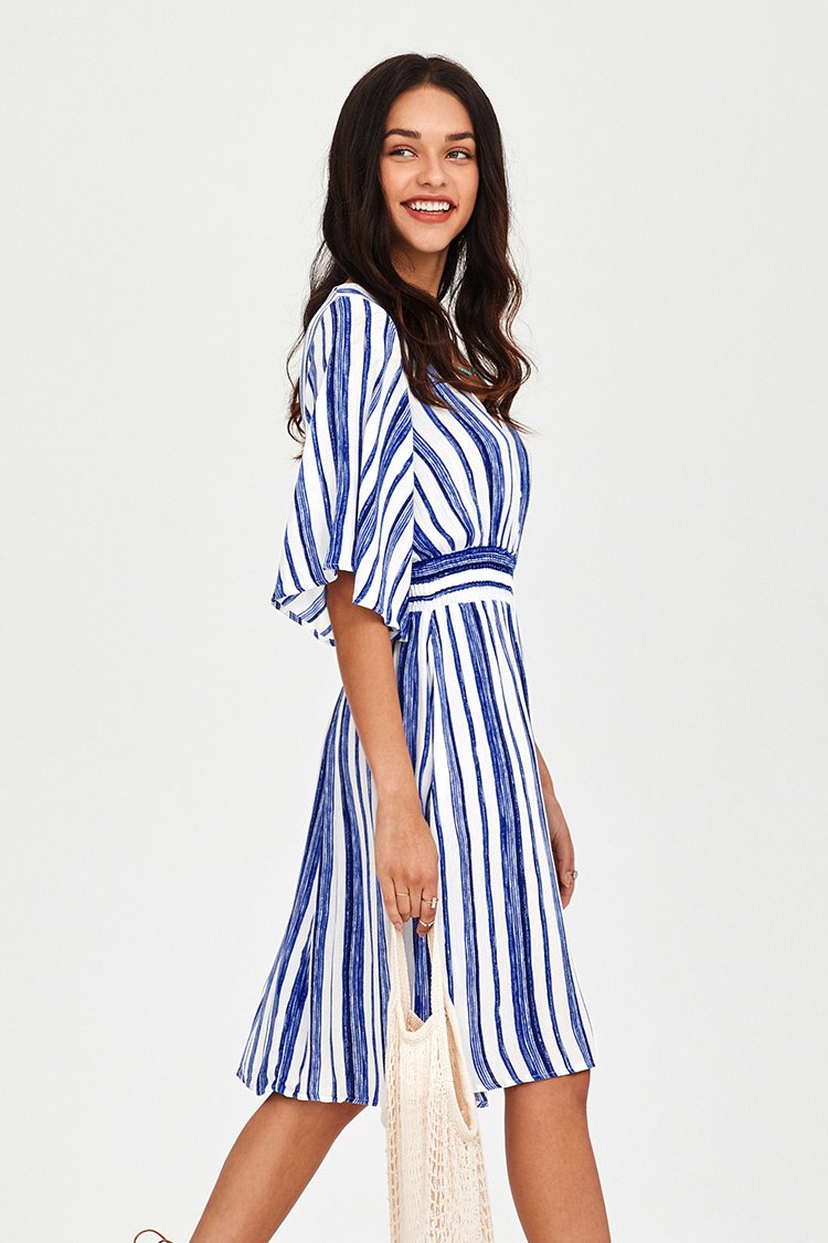 Blue and White Striped Midi Dress