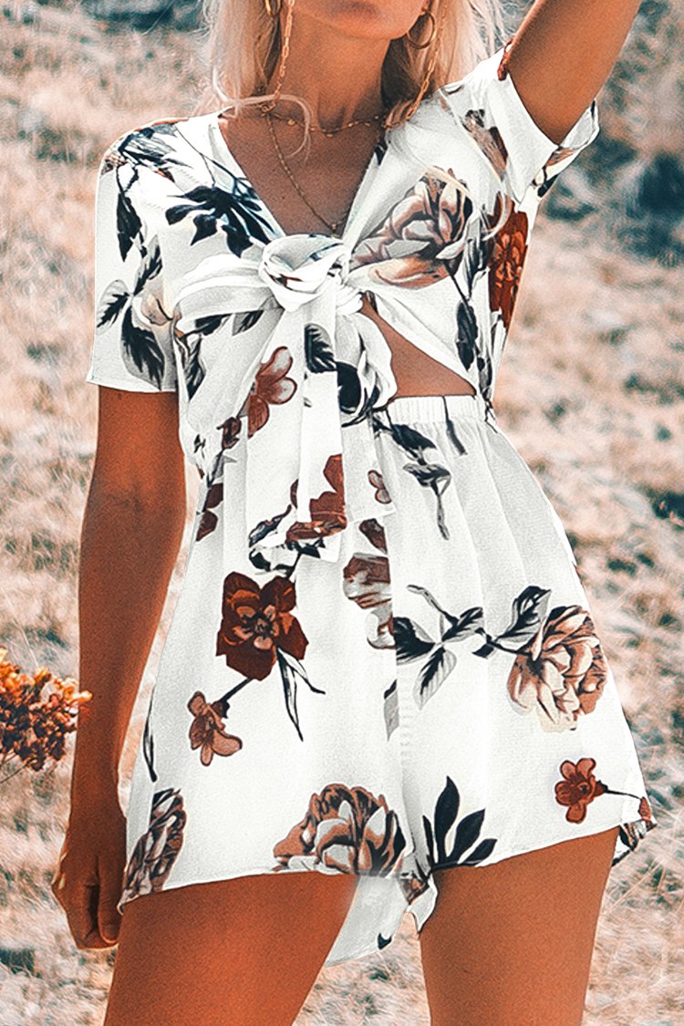 Misty Eyed Double Drawstring Waist Romper Floral Print White