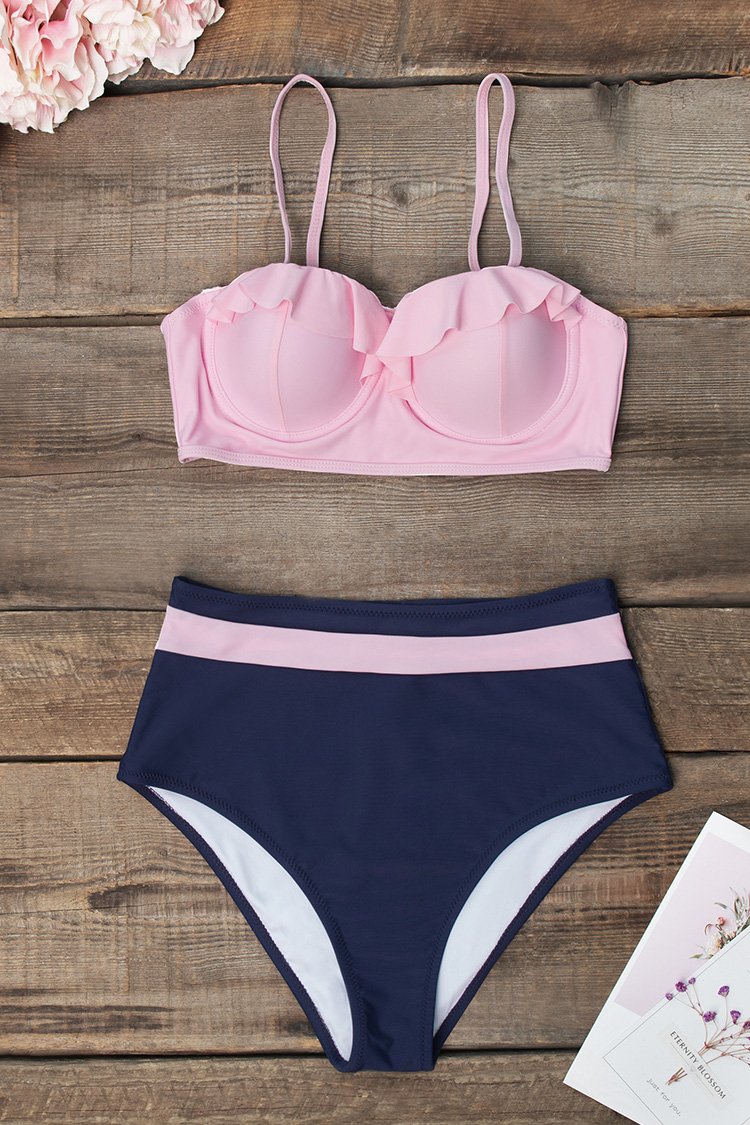 Pink and Navy High-Waisted Bikini with Molded Cups