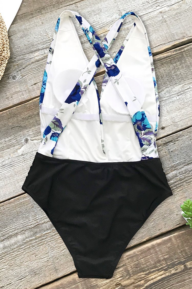 Blue Floral and Black Ruched One-Piece Swimsuit