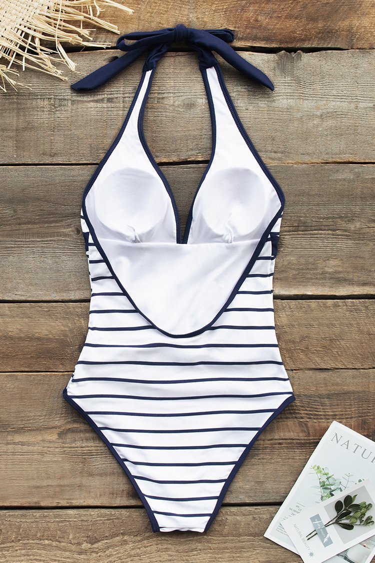 Deep Blue and White Stripe Halter One-Piece Swimsuit
