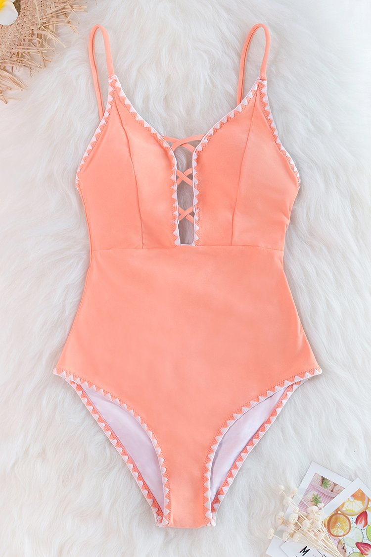 Peachy One Piece Swimsuit with Crochet Trim