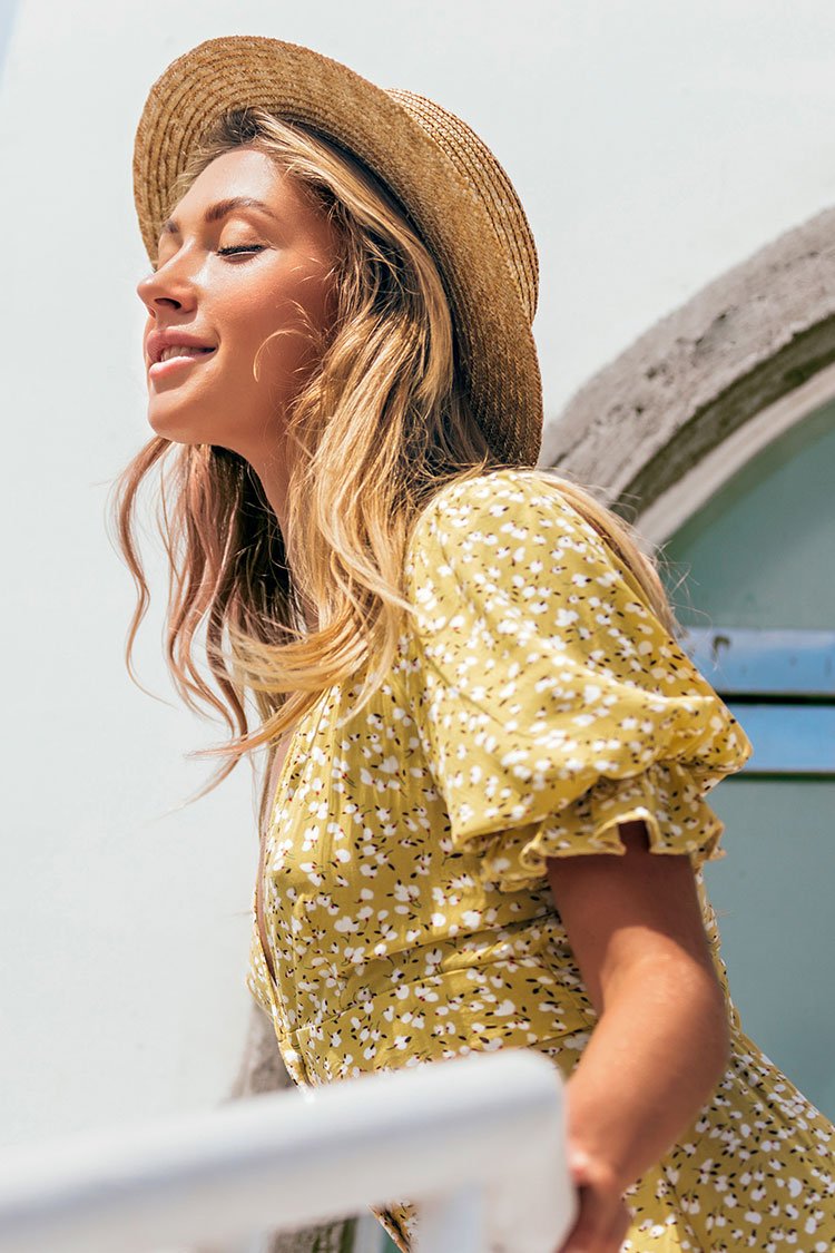 Yellow Mini Floral Buttoned Dress