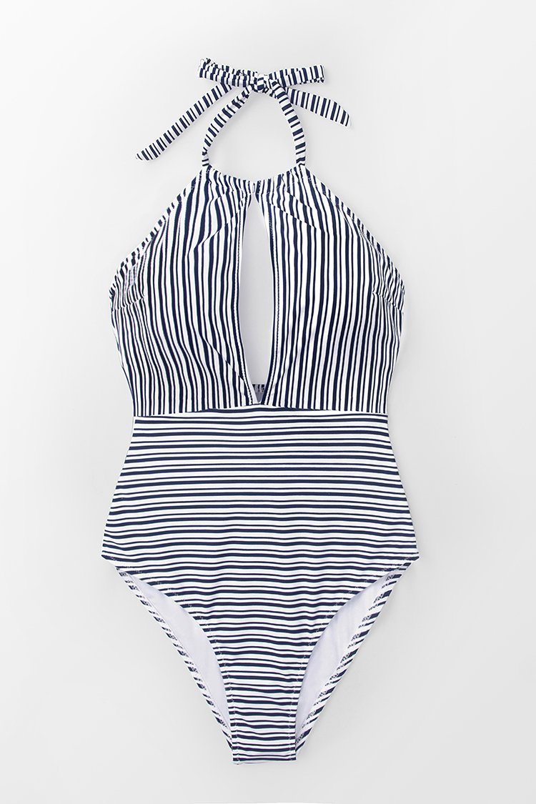 Navy High Neck Keyhole One-piece Swimsuit