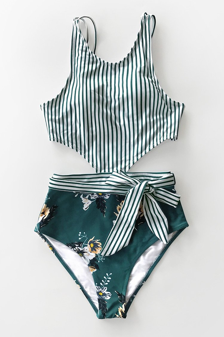Stripe and Floral Waist Cutout One-Piece Swimsuit