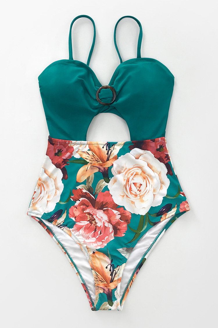 Teal and Floral One Piece Swimsuit